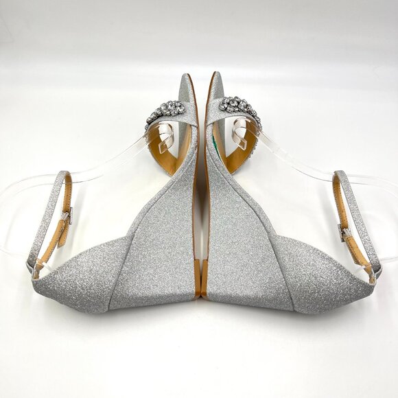 Jewel Badgley Mischka Size 9.5 Peggy Silver Jeweled Wedges Dress Sandals Shoes - Picture 8 of 13